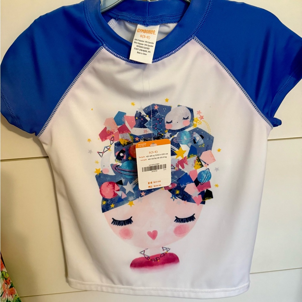 Gymboree Girls’ NWT Blue and White Multicolor Print Rash Guard Swim Set Size 5-6
